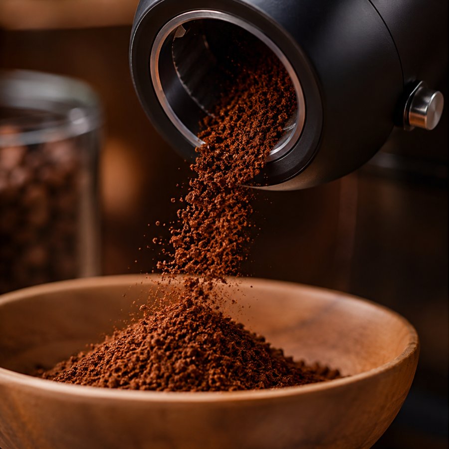Café recién molido cayendo del molino