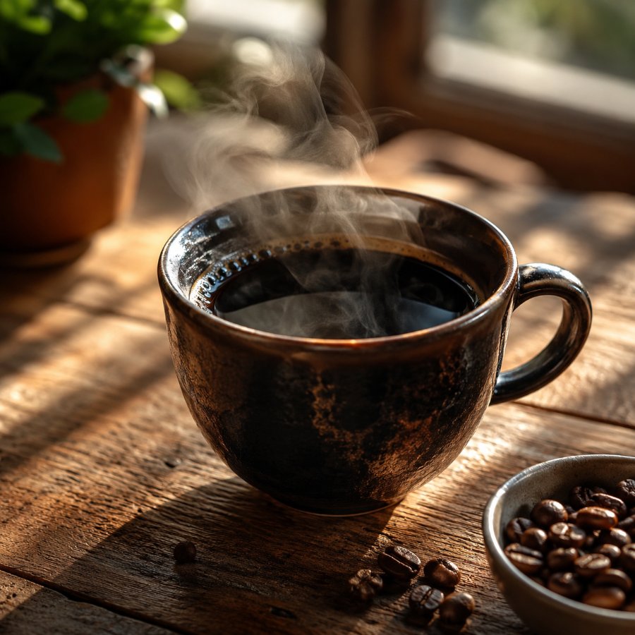 Taza de café servida humeante